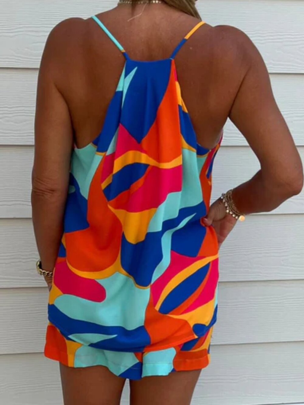 ADRIENNE Make It Count Tank & Shorts Set | Orange and Blue Multi - Picture 2 of 6